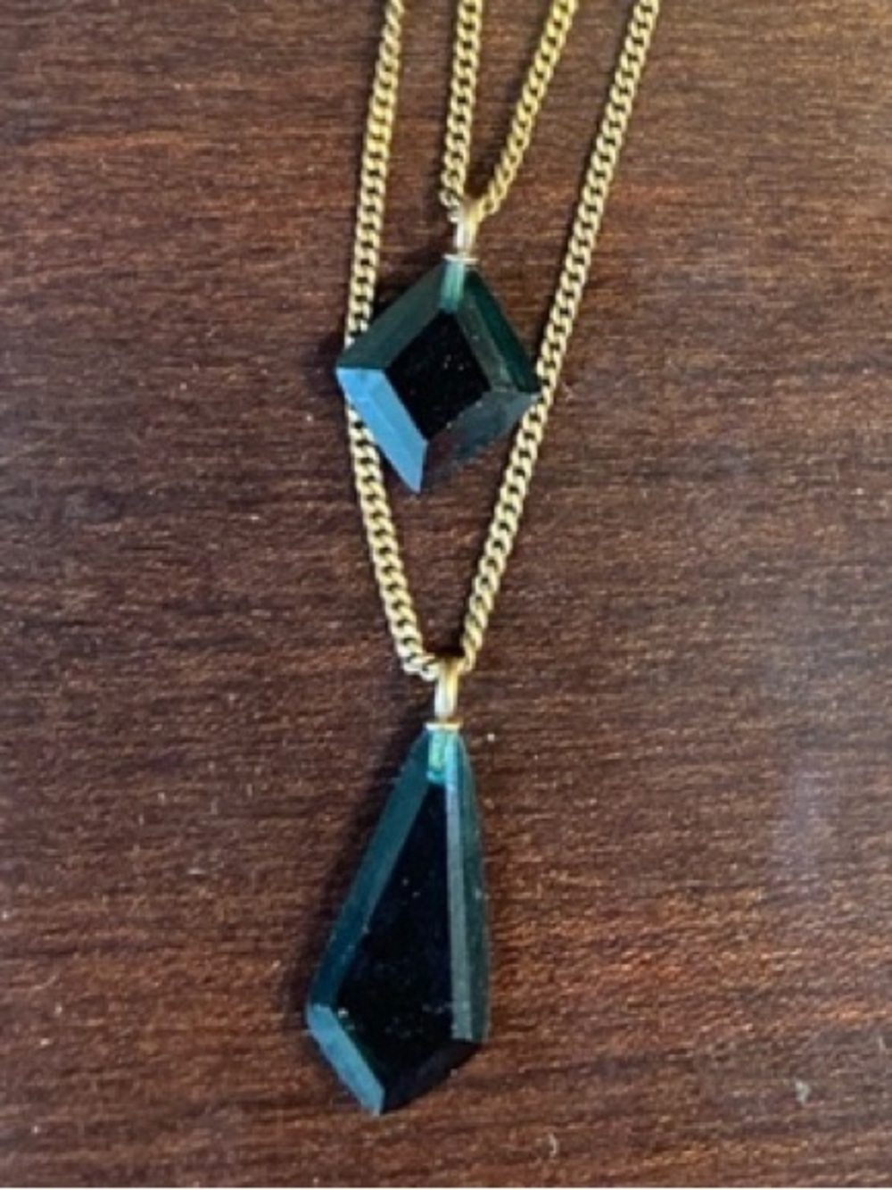 Kenneth Cole Gold Tone Double Strand Necklace with green glass Pendants